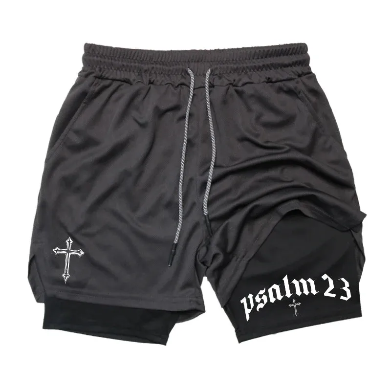 Psalm 23 Cross Print 2-in-1 Workout Running Shorts for Men - Christian Athletic Performance Shorts with Phone Pocket and Towel Loop