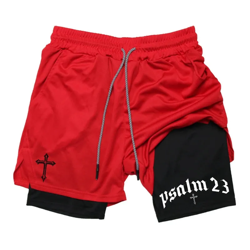 Psalm 23 Cross Print 2-in-1 Workout Running Shorts for Men - Christian Athletic Performance Shorts with Phone Pocket and Towel Loop