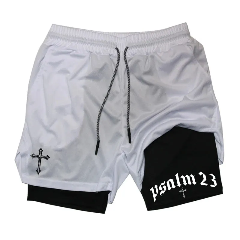 Psalm 23 Cross Print 2-in-1 Workout Running Shorts for Men - Christian Athletic Performance Shorts with Phone Pocket and Towel Loop