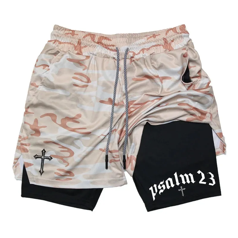 Psalm 23 Cross Print 2-in-1 Workout Running Shorts for Men - Christian Athletic Performance Shorts with Phone Pocket and Towel Loop