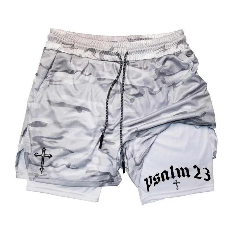 Psalm 23 Cross Print 2-in-1 Workout Running Shorts for Men - Christian Athletic Performance Shorts with Phone Pocket and Towel Loop