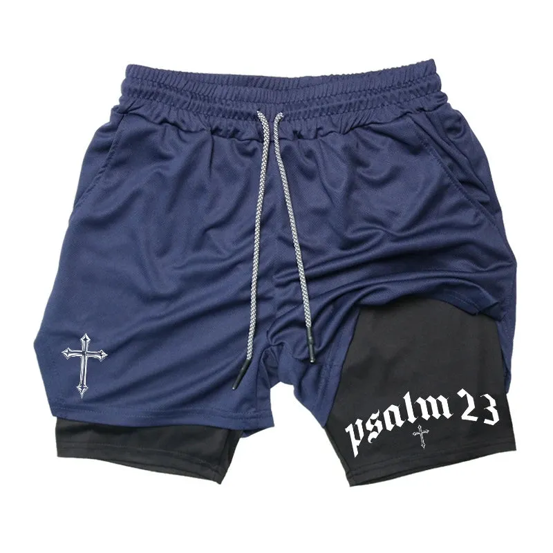 Psalm 23 Cross Print 2-in-1 Workout Running Shorts for Men - Christian Athletic Performance Shorts with Phone Pocket and Towel Loop
