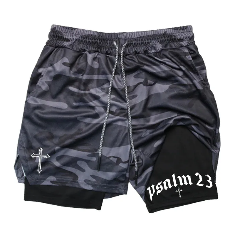 Psalm 23 Cross Print 2-in-1 Workout Running Shorts for Men - Christian Athletic Performance Shorts with Phone Pocket and Towel Loop