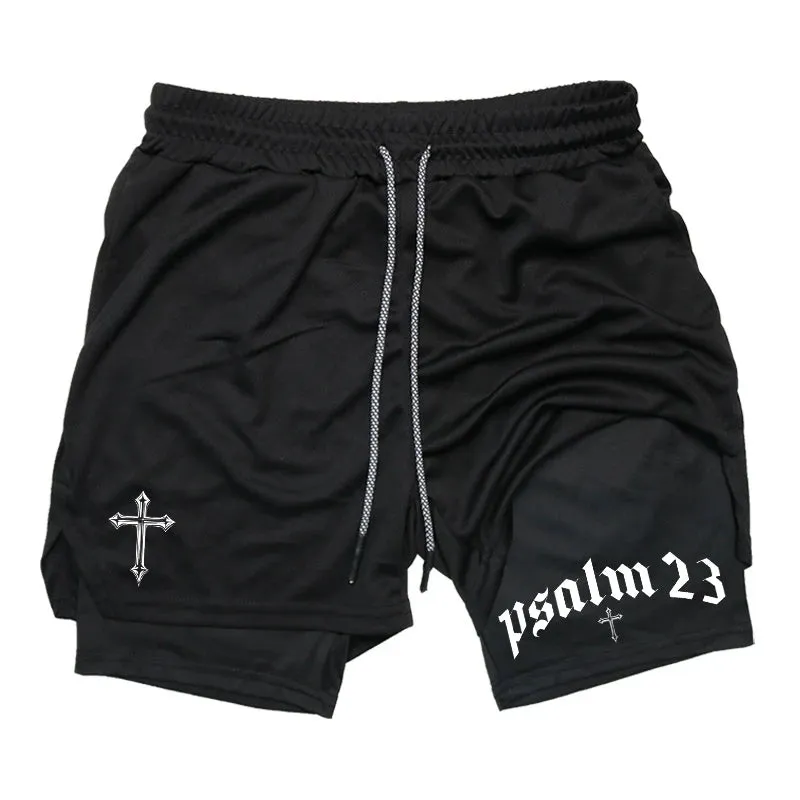 Psalm 23 Cross Print 2-in-1 Workout Running Shorts for Men - Christian Athletic Performance Shorts with Phone Pocket and Towel Loop