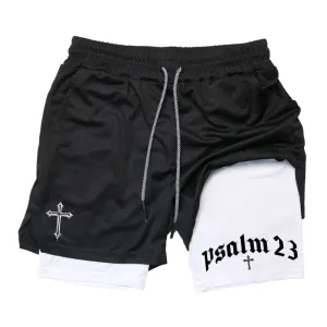 Psalm 23 Cross Print 2-in-1 Workout Running Shorts for Men - Christian Athletic Performance Shorts with Phone Pocket and Towel Loop