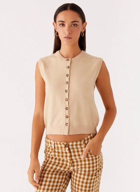Breathable Linen Blend Mickey Knit Vest - Cream