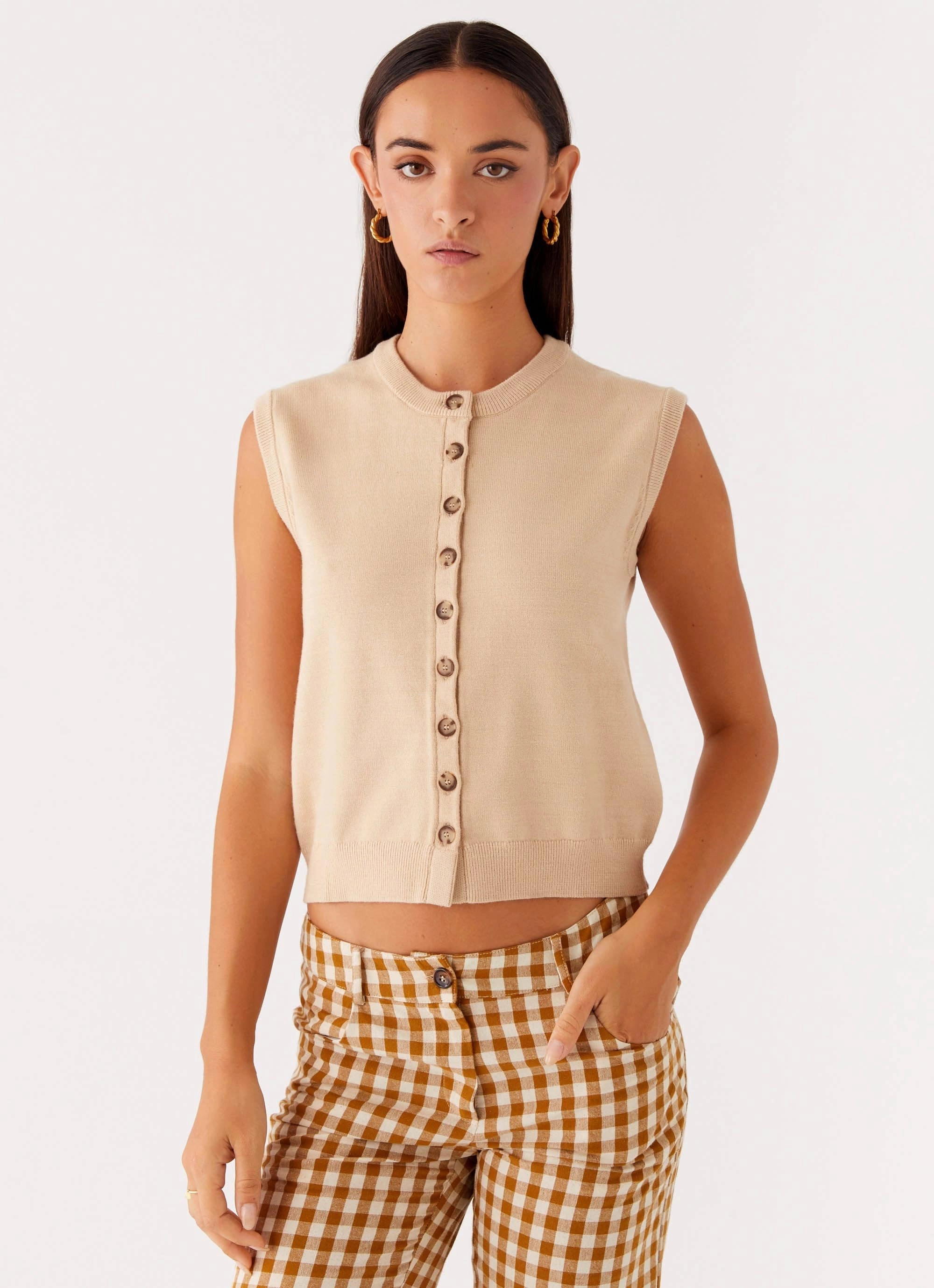 Breathable Linen Blend Mickey Knit Vest - Cream