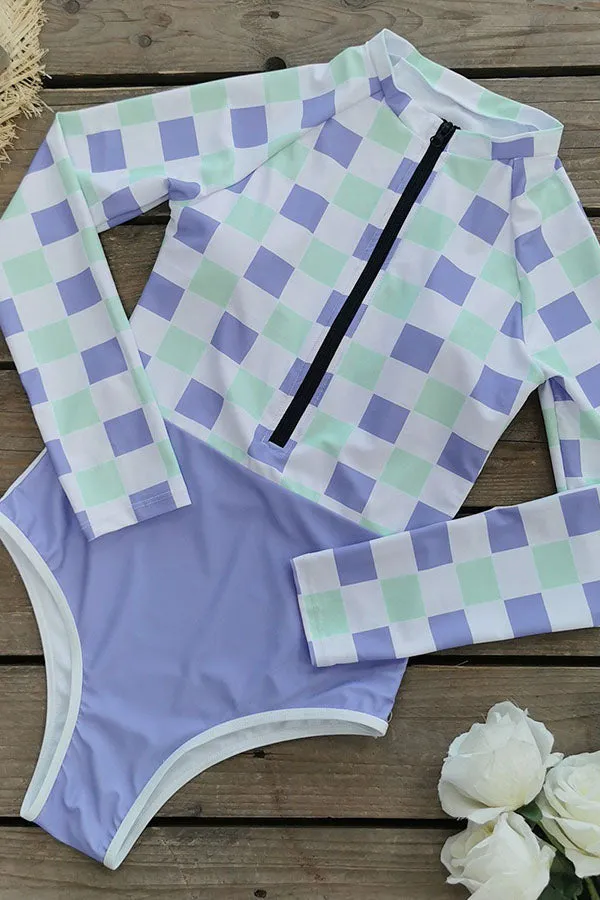 Purple-Green Block Plaid Printed Long Sleeve Swimsuit UPF50  Rash Guard
