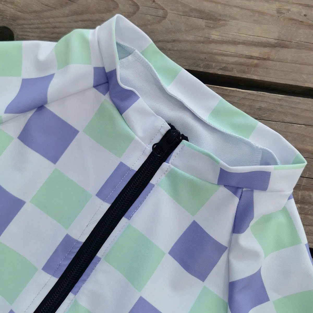 Purple-Green Block Plaid Printed Long Sleeve Swimsuit UPF50  Rash Guard