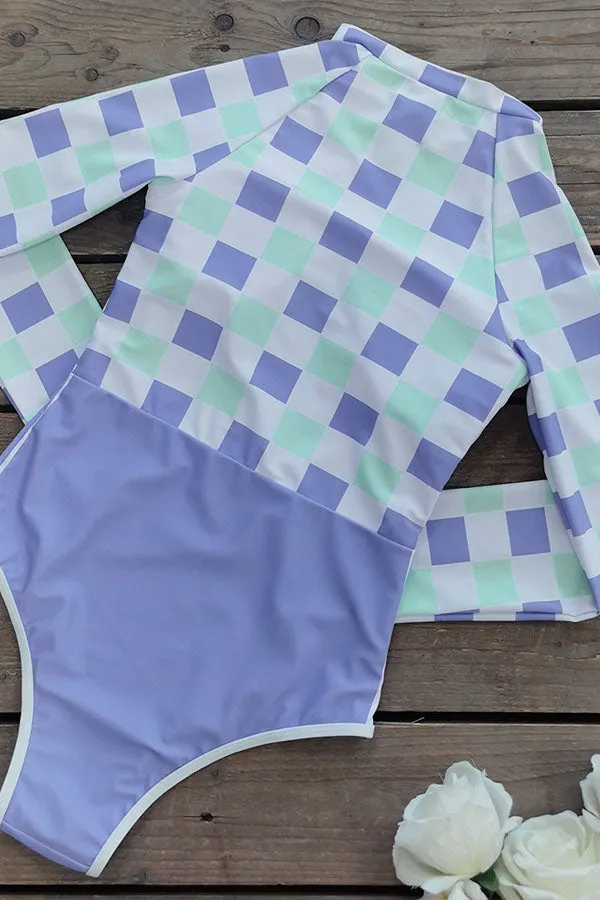 Purple-Green Block Plaid Printed Long Sleeve Swimsuit UPF50  Rash Guard