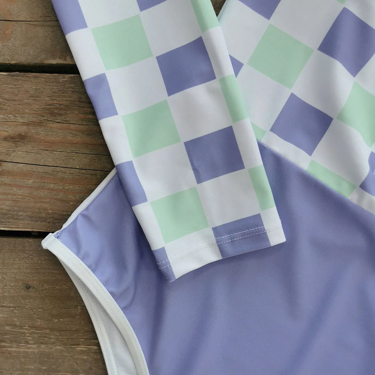 Purple-Green Block Plaid Printed Long Sleeve Swimsuit UPF50  Rash Guard