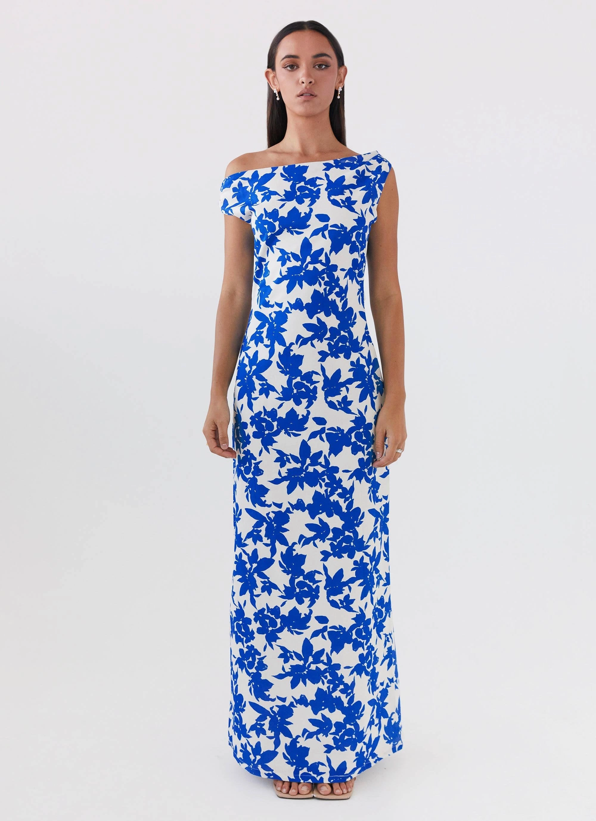 Flattering Waistband Pyper Off Shoulder Maxi Dress - Blue Floral