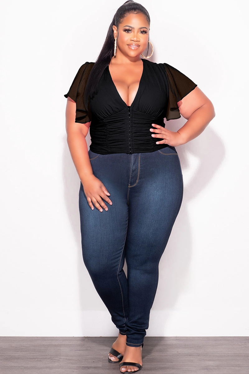 Final Sale Plus Size Chiffon Ruched Corset Blouse with Flutter Sleeves in Black Agile Fit Erasable Logo Patch