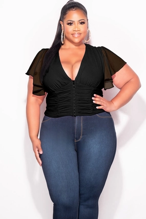 Final Sale Plus Size Chiffon Ruched Corset Blouse with Flutter Sleeves in Black DurableBartack Wrinkle Resistant Finish