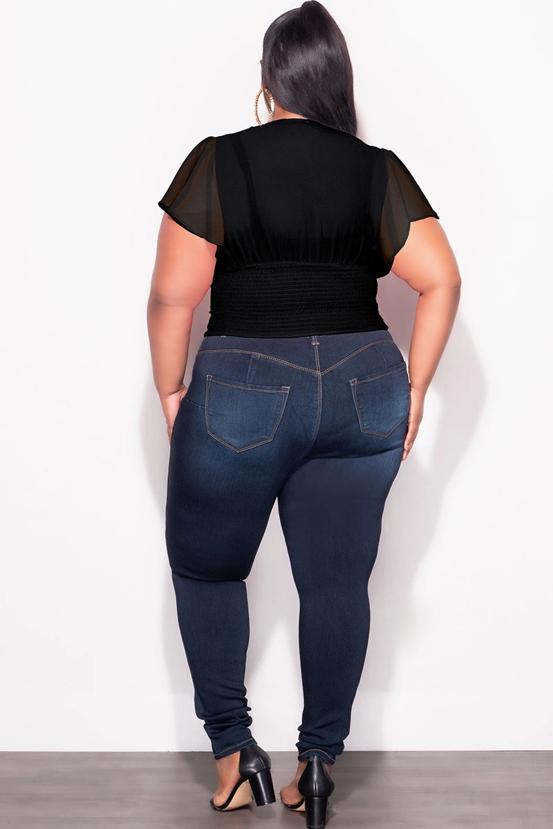 Final Sale Plus Size Chiffon Ruched Corset Blouse with Flutter Sleeves in Black Quick Comfort Design Stain Resistant