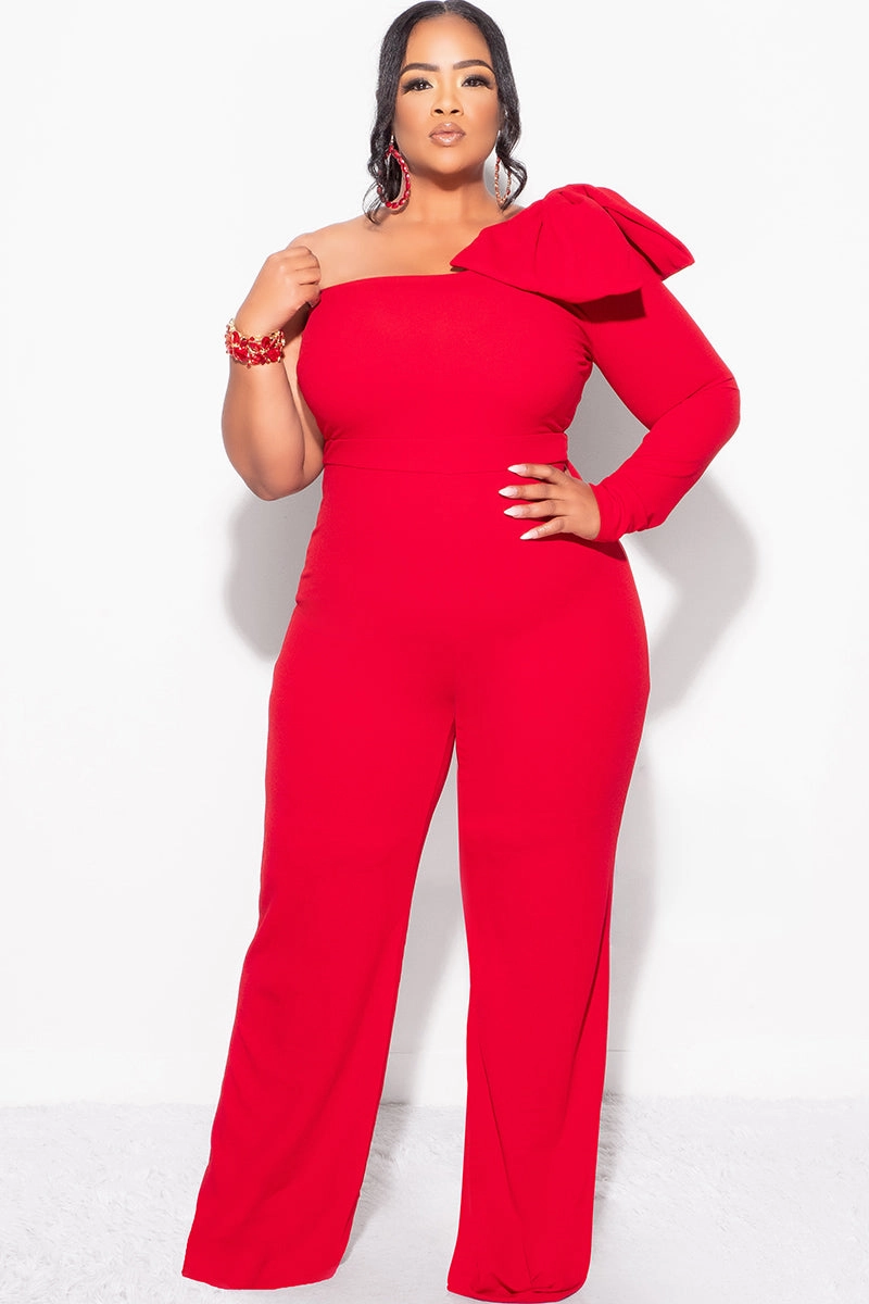 BreathableMaterial Final Sale Plus Size One Shoulder Long Sleeve Jumpsuit with Bow in Red