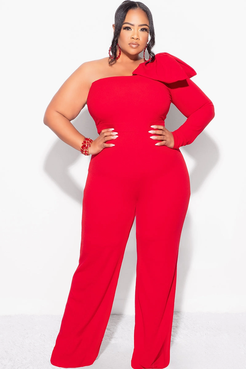 Final Sale Plus Size One Shoulder Long Sleeve Jumpsuit with Bow in Red Ribbed Trims Anti Pill Finish