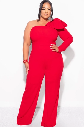 FourWay Stretch Final Sale Plus Size One Shoulder Long Sleeve Jumpsuit with Bow in Red