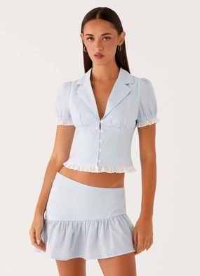 Bonded Seam Tape NonIrritating Stitching Bennett Button Up Top - Blue White Stripe