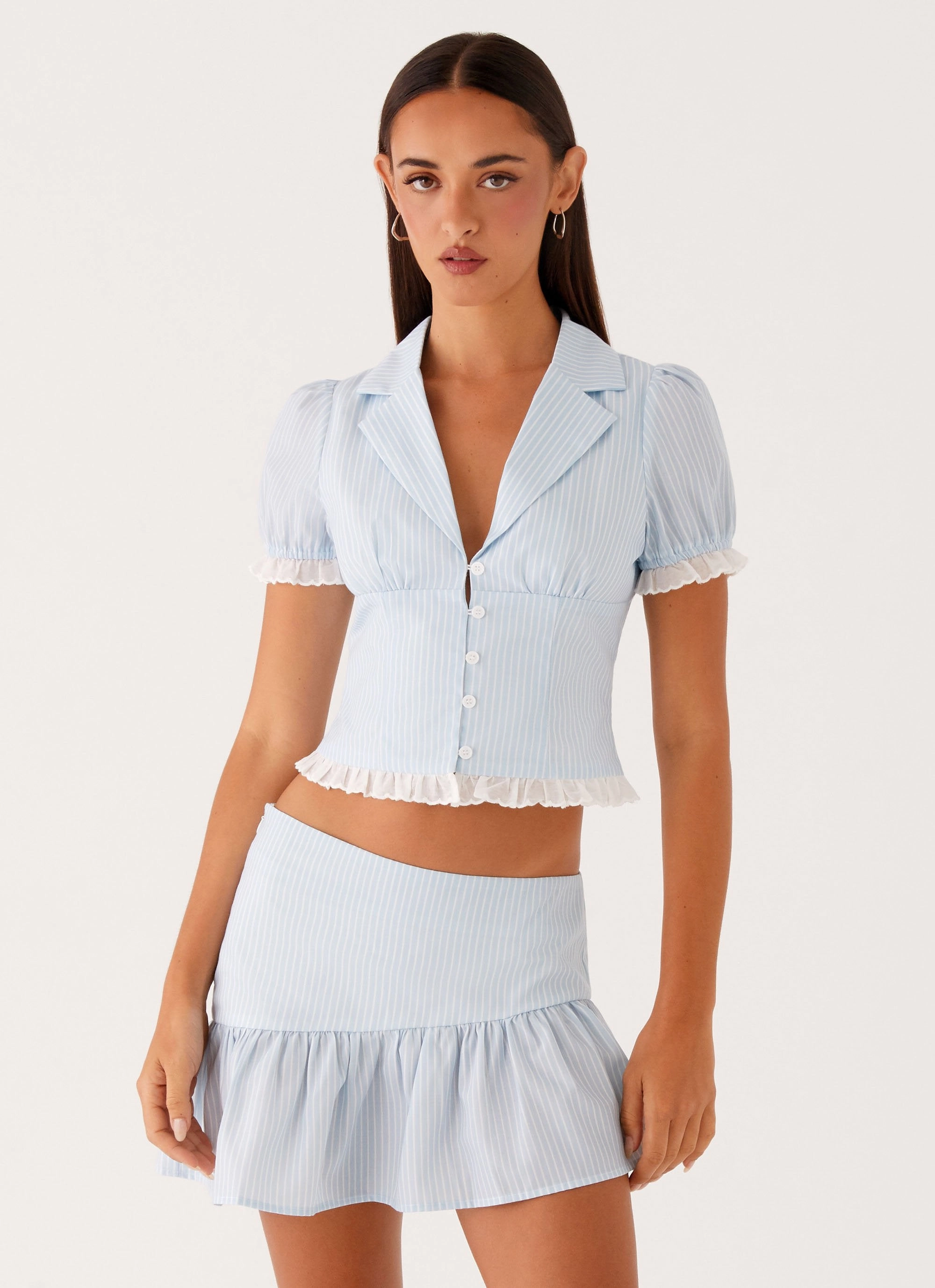 Bonded Seam Tape NonIrritating Stitching Bennett Button Up Top - Blue White Stripe
