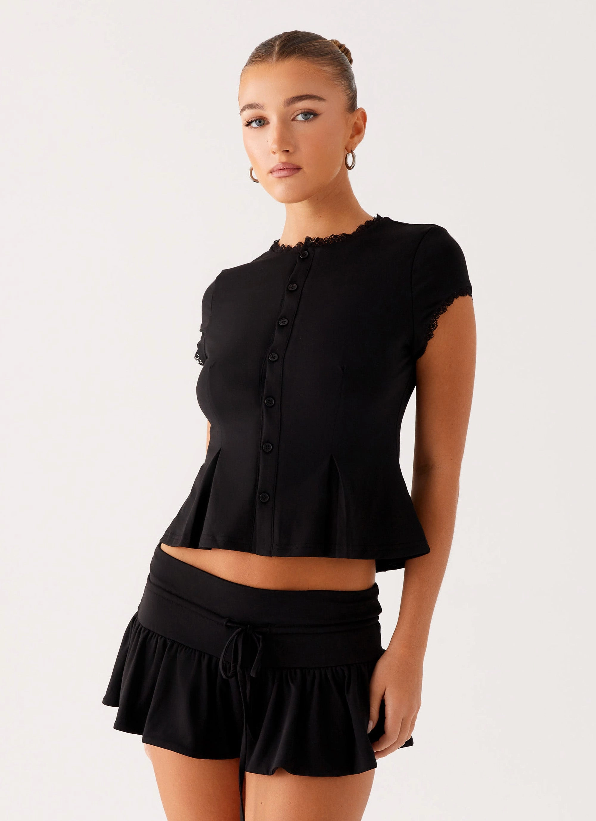 Low Impact Manufacturing Curved Hem Landon Button Up Top - Black