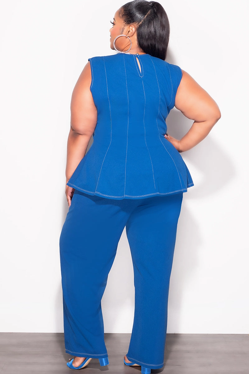 Final Sale Plus Size 2pc Peplum Top and Pants Set in Royal Blue Cozy Essentials Abrasion Resistant Surface