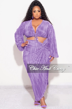 Practical Style Stretchy Waist Final Sale Plus Size 2pc Pleated Crop Tie Top & Wrap Skirt Set in Lavender