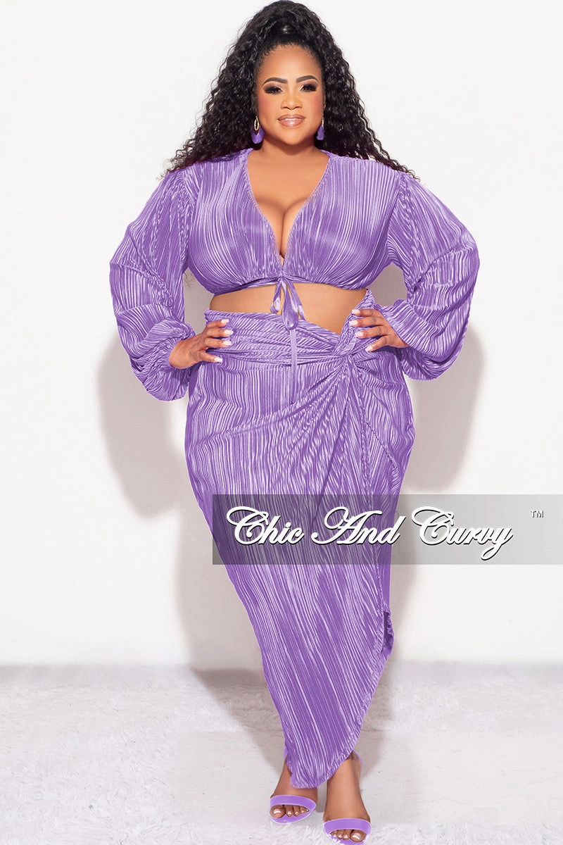 Bi Stretch Fabric Final Sale Plus Size 2pc Pleated Crop Tie Top & Wrap Skirt Set in Lavender