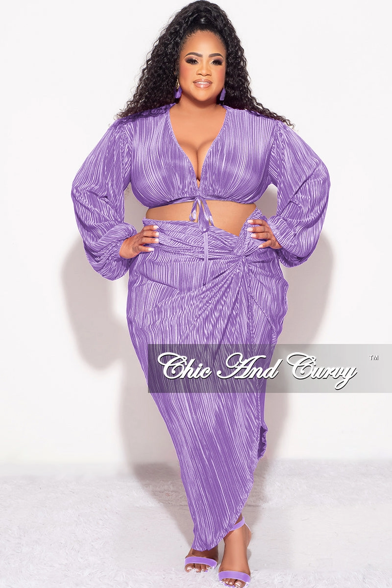 Fitted waist Layered Look Final Sale Plus Size 2pc Pleated Crop Tie Top & Wrap Skirt Set in Lavender