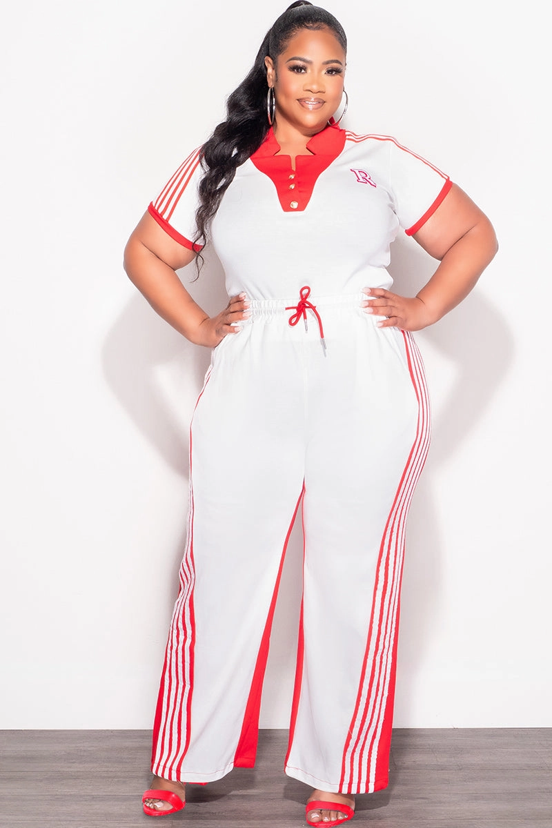 Simple Utility SlimFit Final Sale Plus Size 2pc Color-Block Collar Crop Top and Pants Set in White and Red