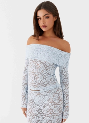 Zephyra Lace Long Sleeve Top - Blue Cloud Belted Style Stretch Material