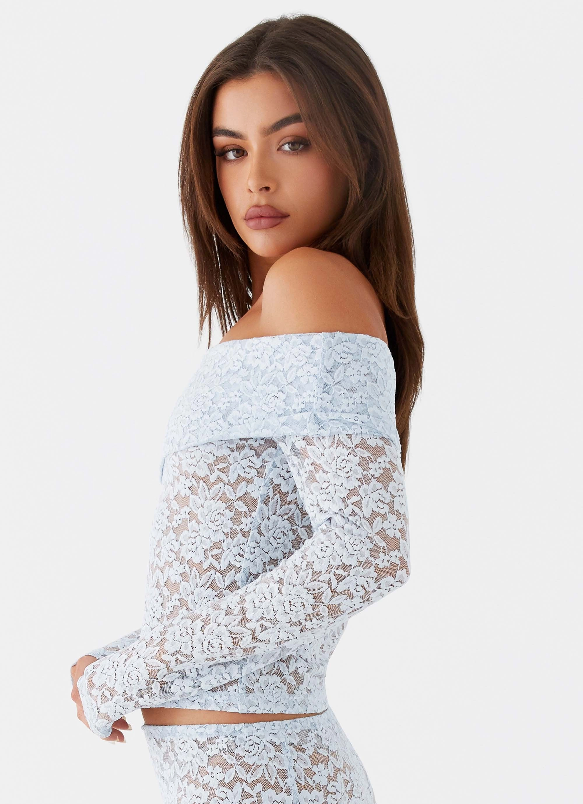 ZipperClosure Zephyra Lace Long Sleeve Top - Blue Cloud