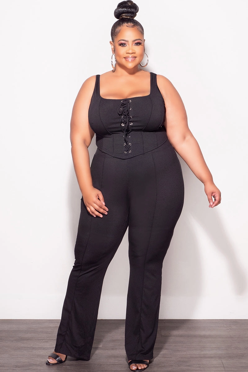 Movement Flex Moisture control Final Sale Plus Size Ribbed 2pc Sleeveless Lace Up Tank Top & Pants Set in Black
