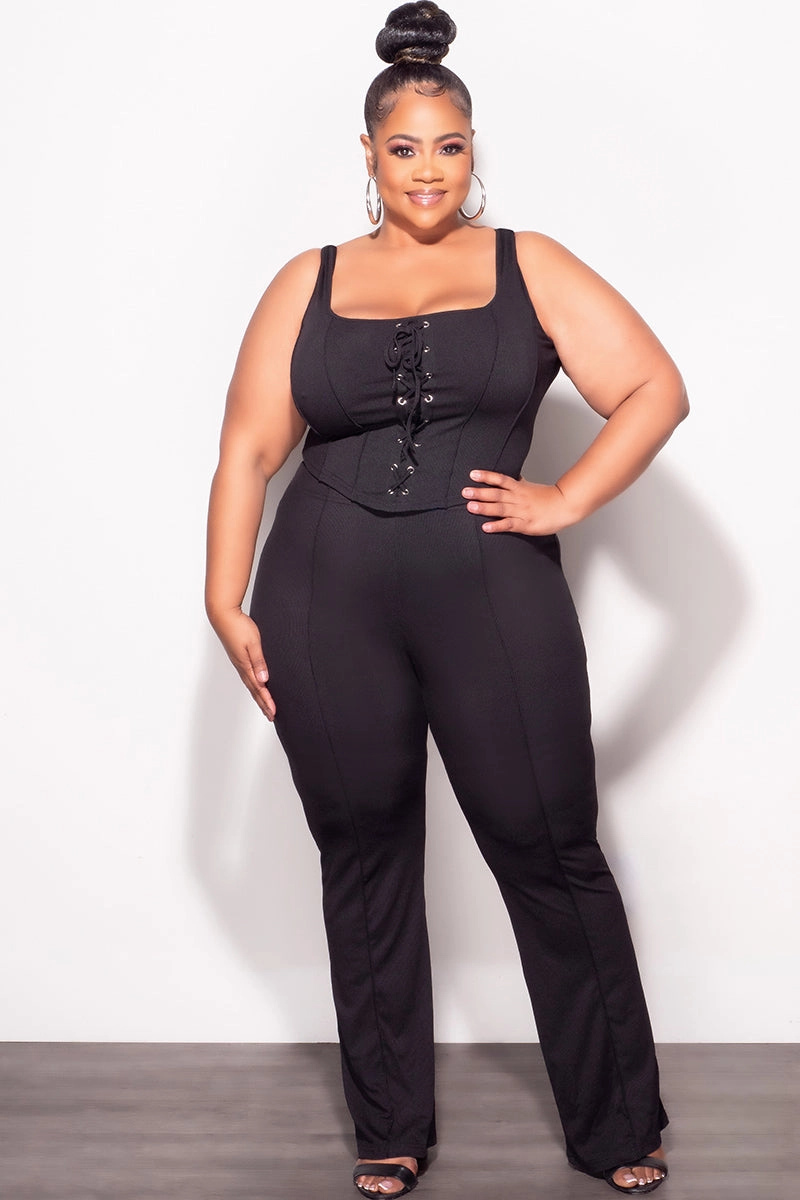 Final Sale Plus Size Ribbed 2pc Sleeveless Lace Up Tank Top & Pants Set in Black NonSlipInnerGrip