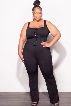 Final Sale Plus Size Ribbed 2pc Sleeveless Lace Up Tank Top & Pants Set in Black NonSlipInnerGrip
