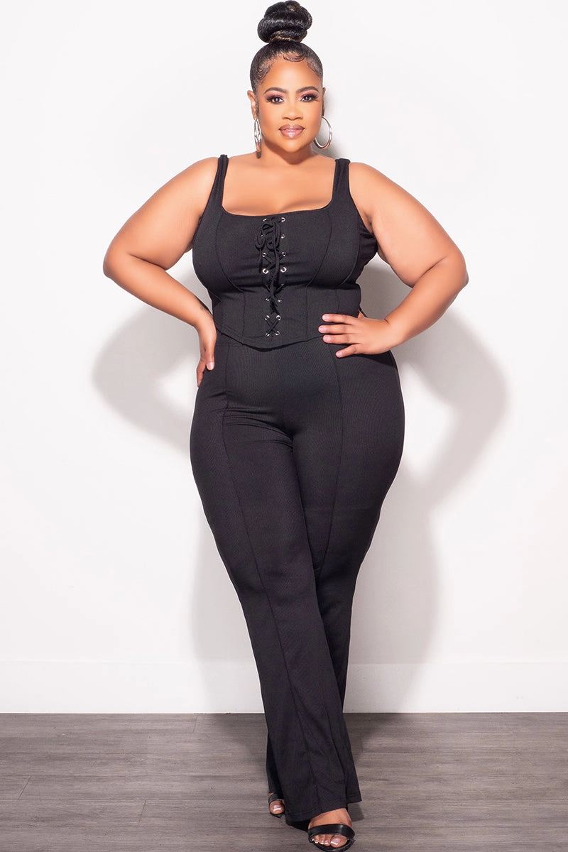Final Sale Plus Size Ribbed 2pc Sleeveless Lace Up Tank Top & Pants Set in Black Seasonal Basic