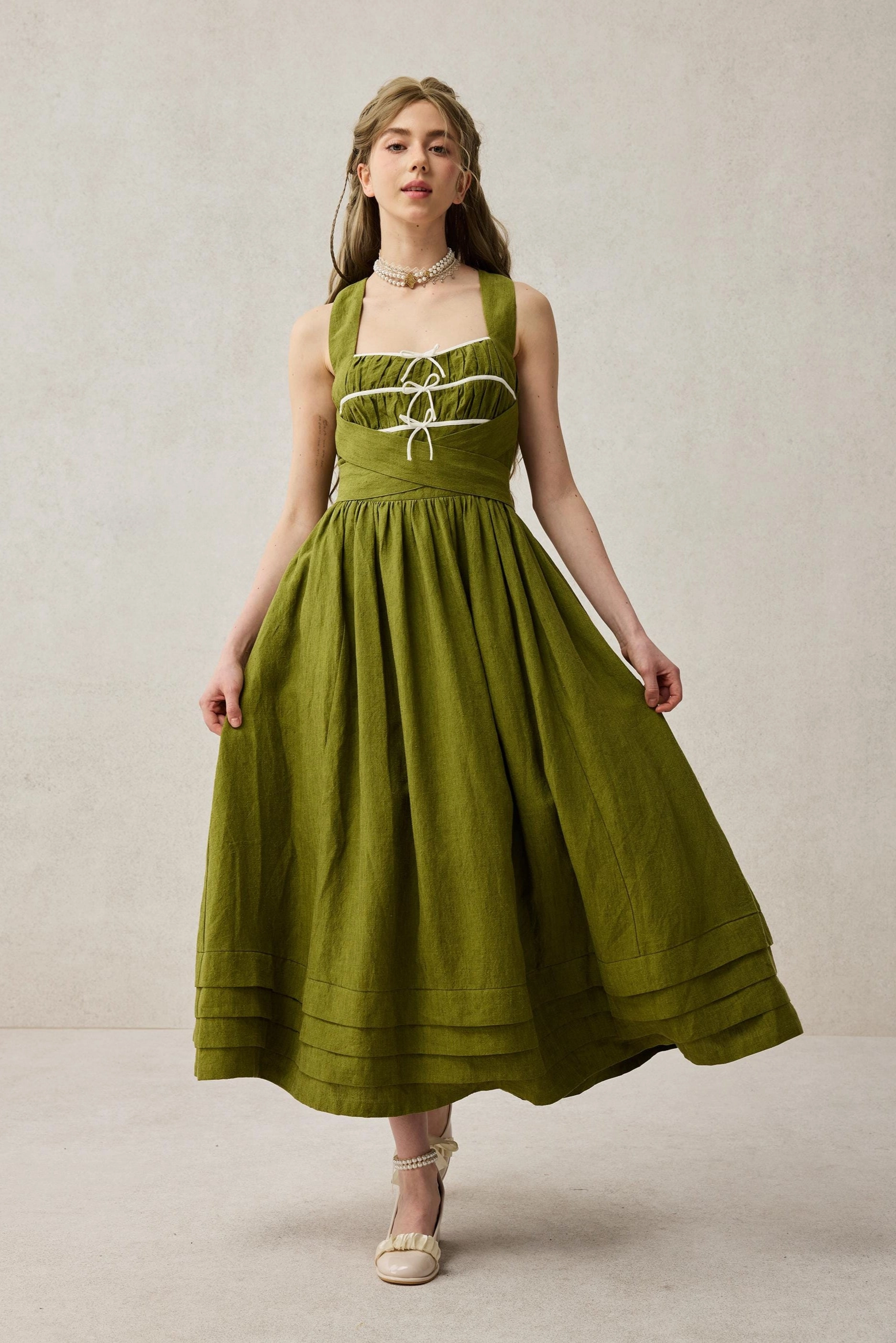 Reflective Trim Flattering Fit Wear Chloris 19 |cross back linen dress