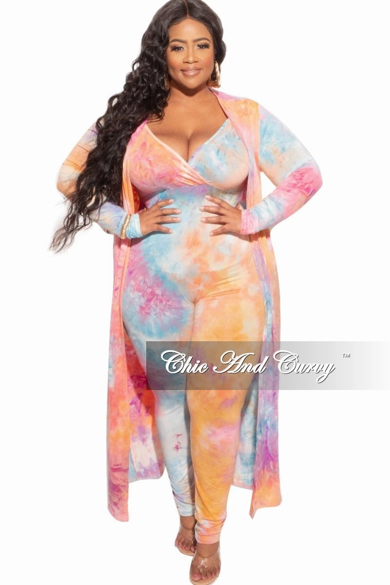 Anti Static Lining Crisp Design Final Sale Plus Size 2-Piece Duster & Spaghetti Strap Jumpsuit Set in Rainbow Sherbet Print