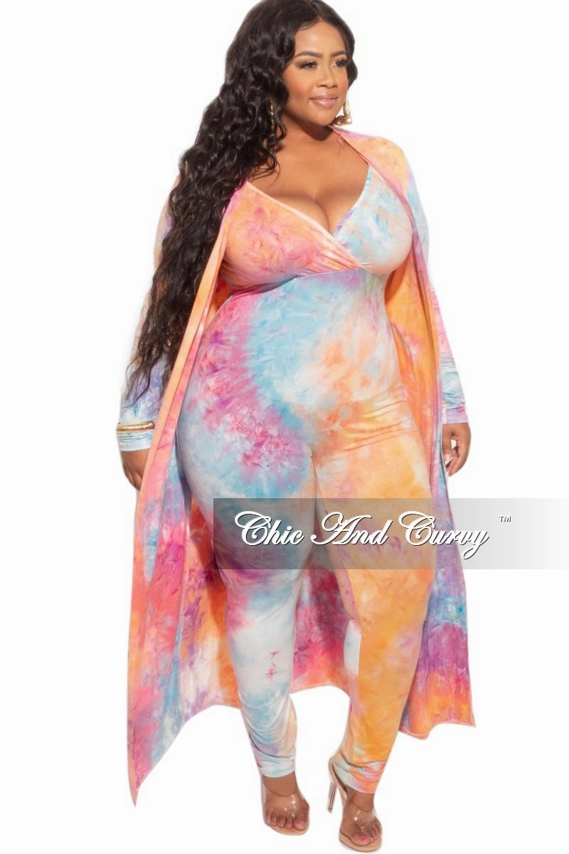 Ergonomic Cut On The Move Final Sale Plus Size 2-Piece Duster & Spaghetti Strap Jumpsuit Set in Rainbow Sherbet Print