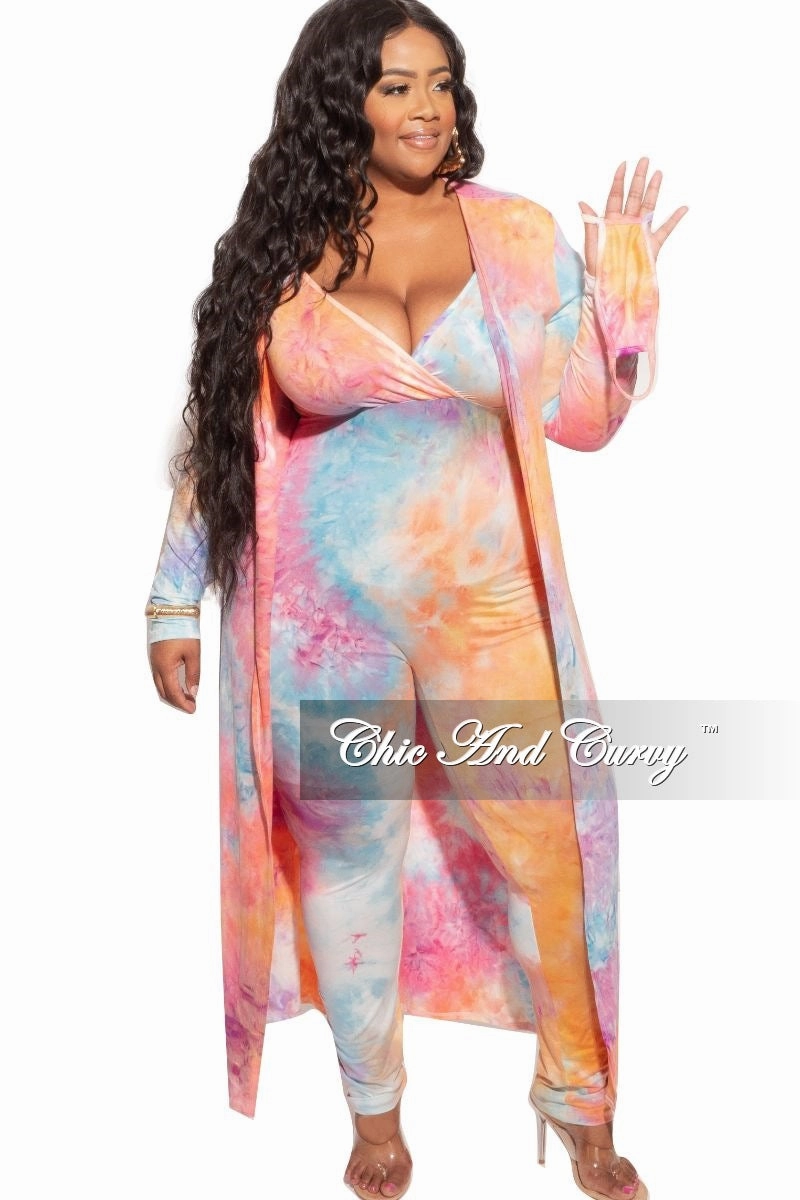 Final Sale Plus Size 2-Piece Duster & Spaghetti Strap Jumpsuit Set in Rainbow Sherbet Print Fresh Fit Timeless Comfort