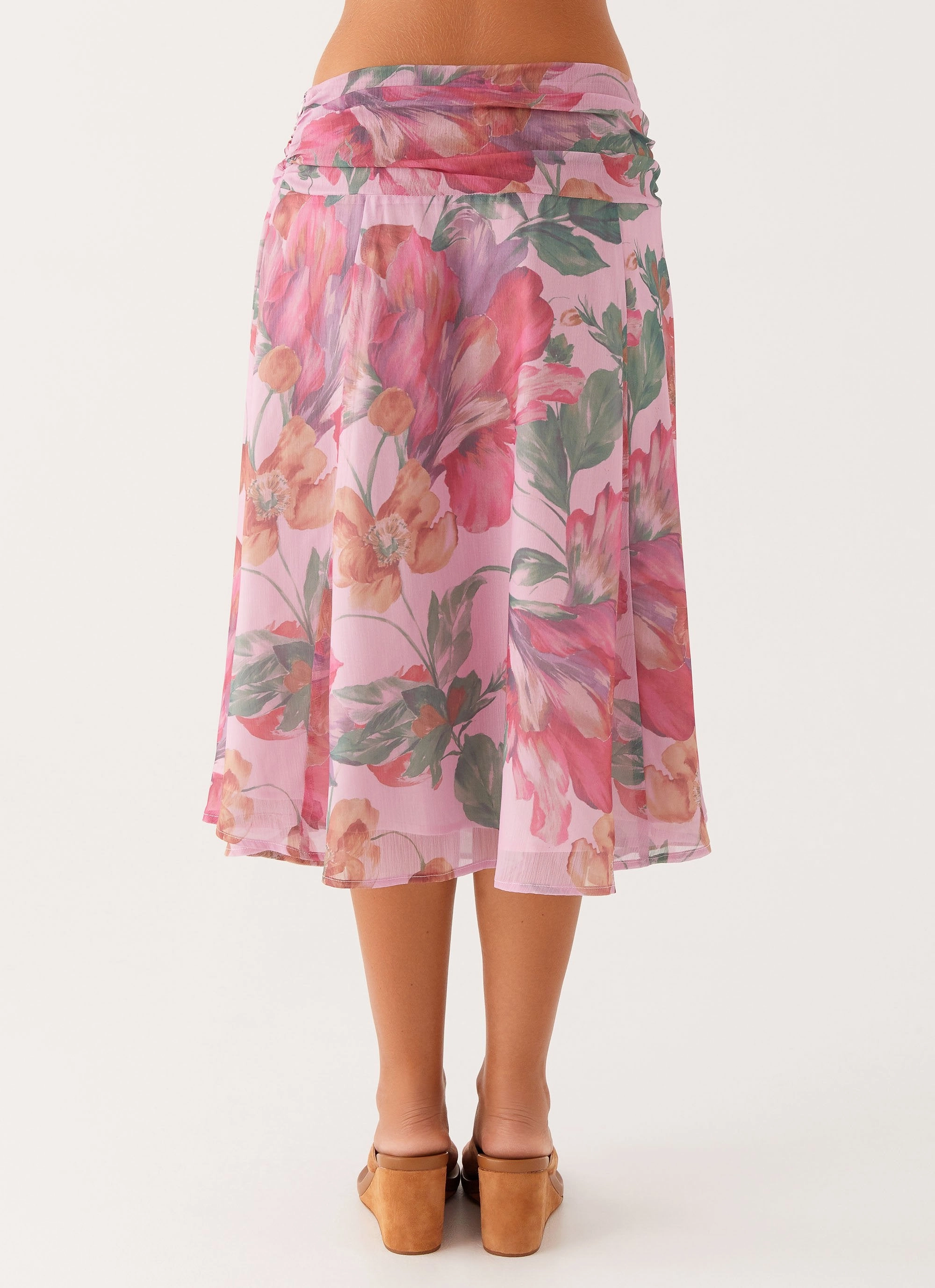 Perfect Shape Comfortable Waistband Valley Midi Skirt - Pink Floral
