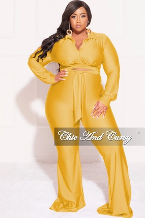 Final Sale Plus Size Shiny 2pc Collar Button Up Crop Tie Top and Bell Bottom Pants Set in Yellow Anti Pilling Surface Seamless construction
