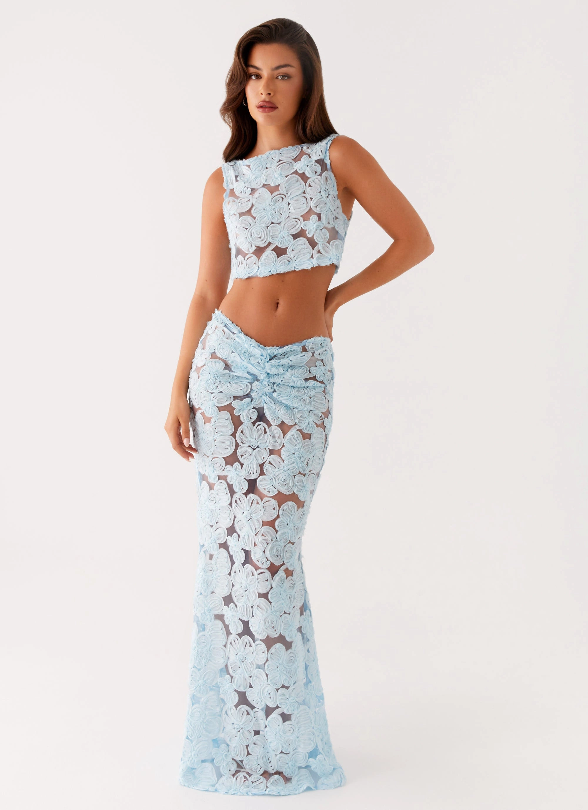 Anti Pilling Surface Fiorella Floret Maxi Skirt - Blue