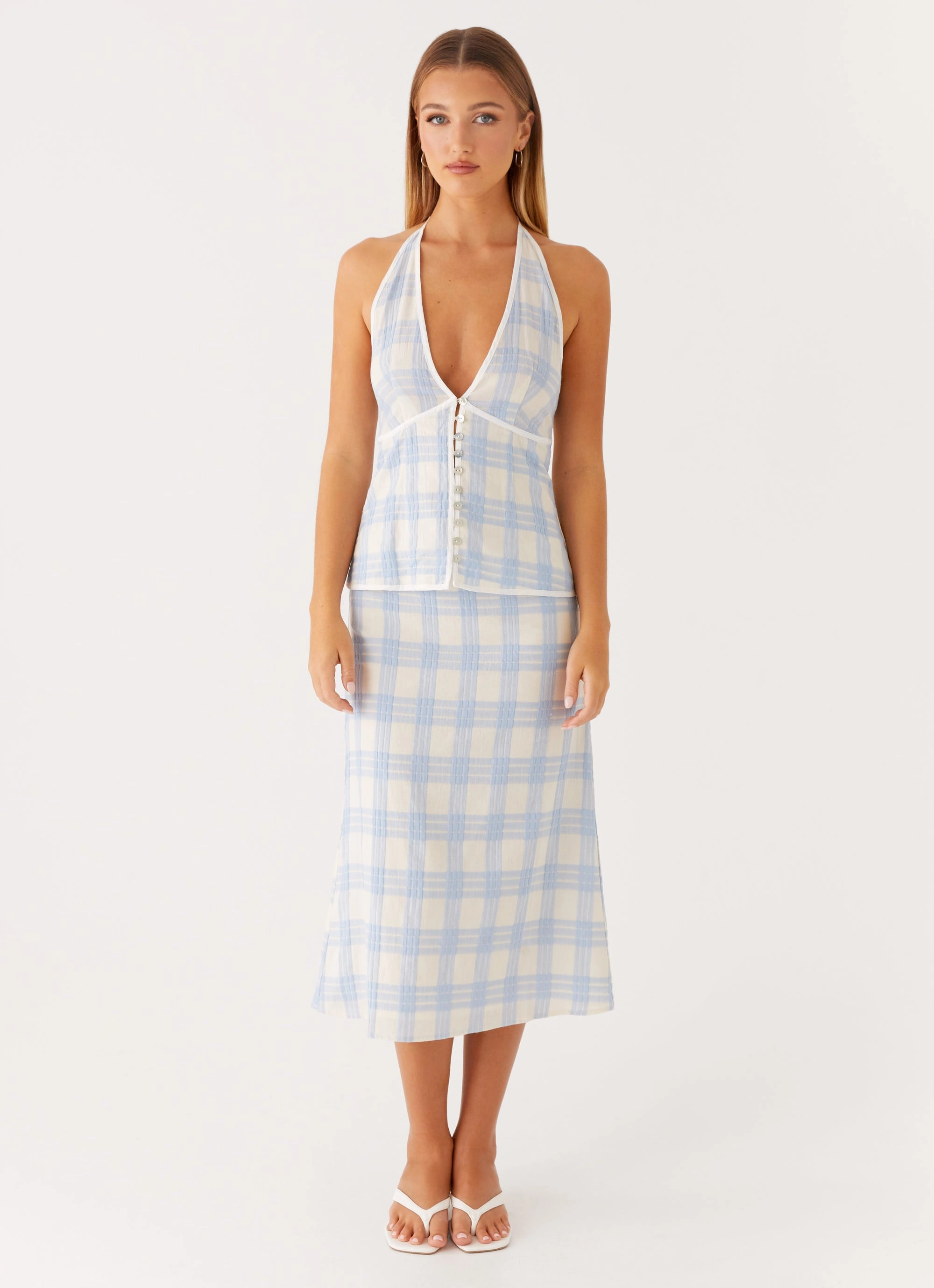 Esther Top - Blue Check Seersucker UltraSoft Blend Non Closure Collar