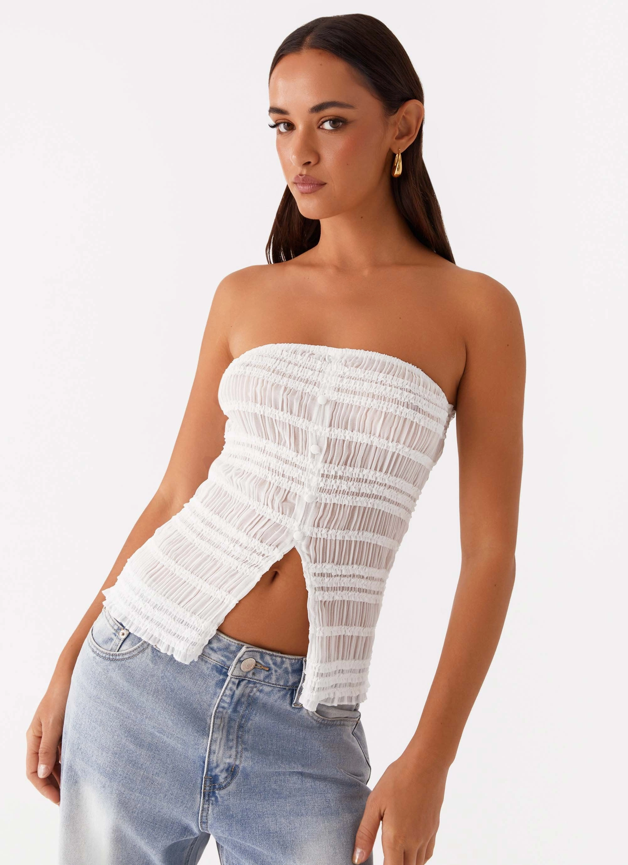 Biodegradable Fiber Composition Next Time Shirred Strapless Top - White