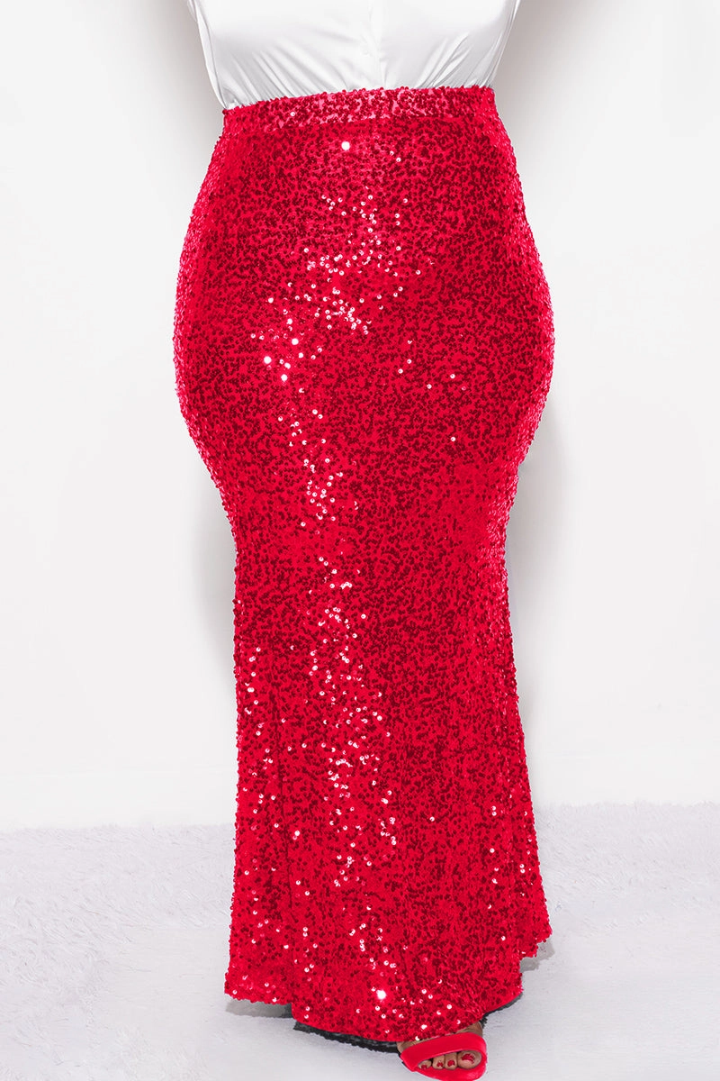 Final Sale Plus Size Sequin Skirt in Red Multi Pocket Functional Design
