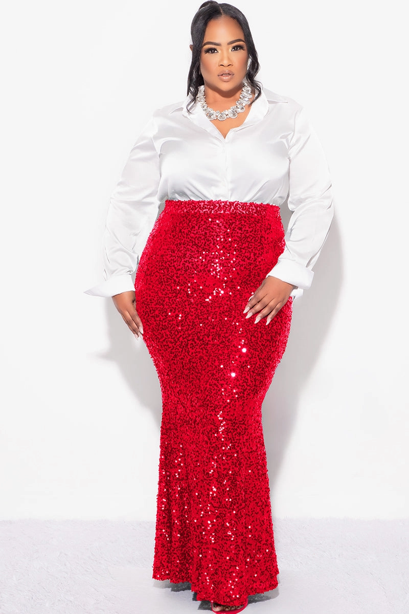 Machine Washable Fabric Tencel Blend Fabric Final Sale Plus Size Sequin Skirt in Red