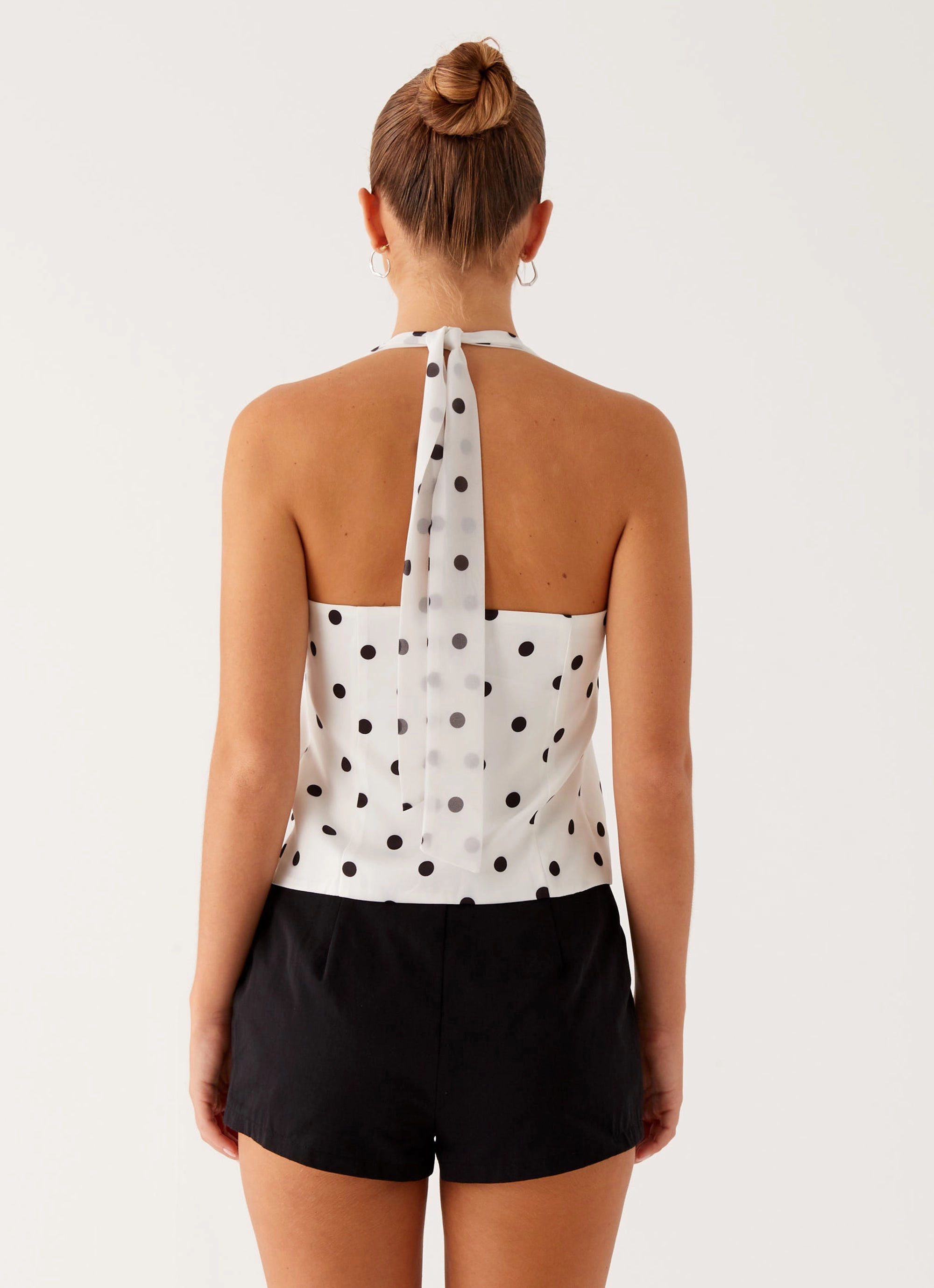 Curved Hem Unlined Design Lets Pretend Halterneck Top - White Polka Dot