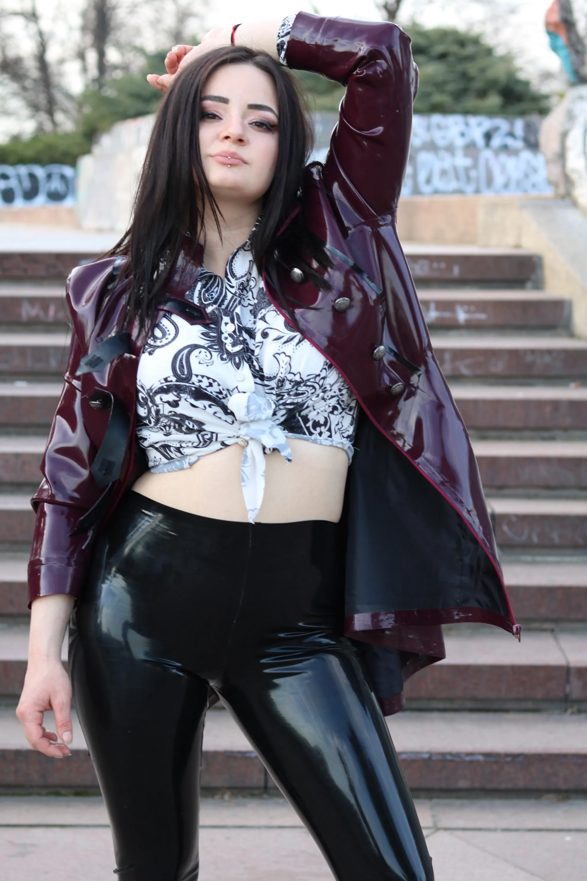 "WAC" Latex Military Style Rain Coat with Metal Buttons, Belt & Pockets