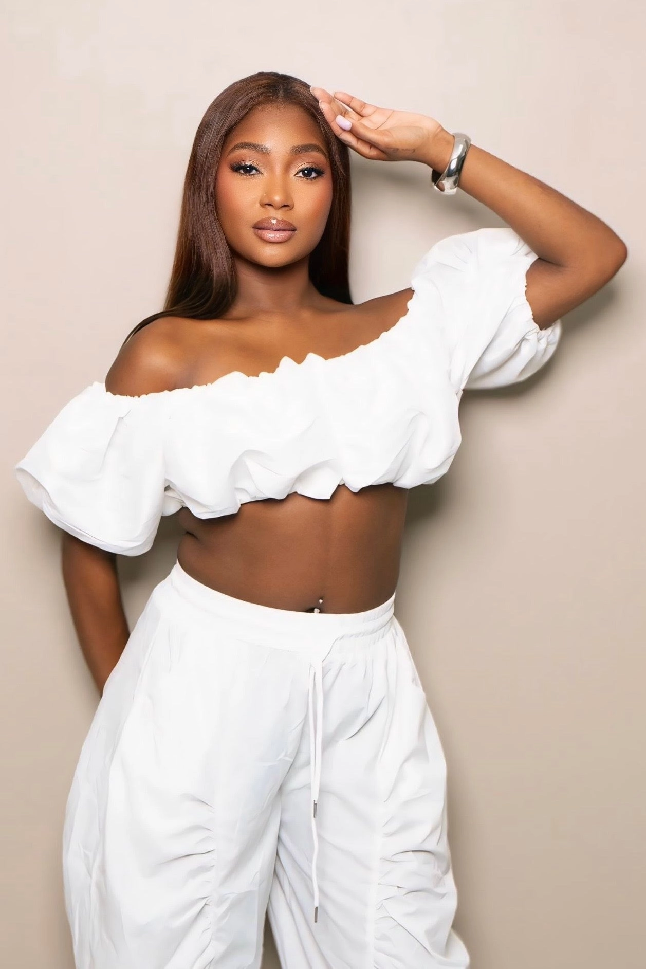 Hybrid Fabric Blend Rachel Ruffle Me Right Off-Shoulder Crop Top